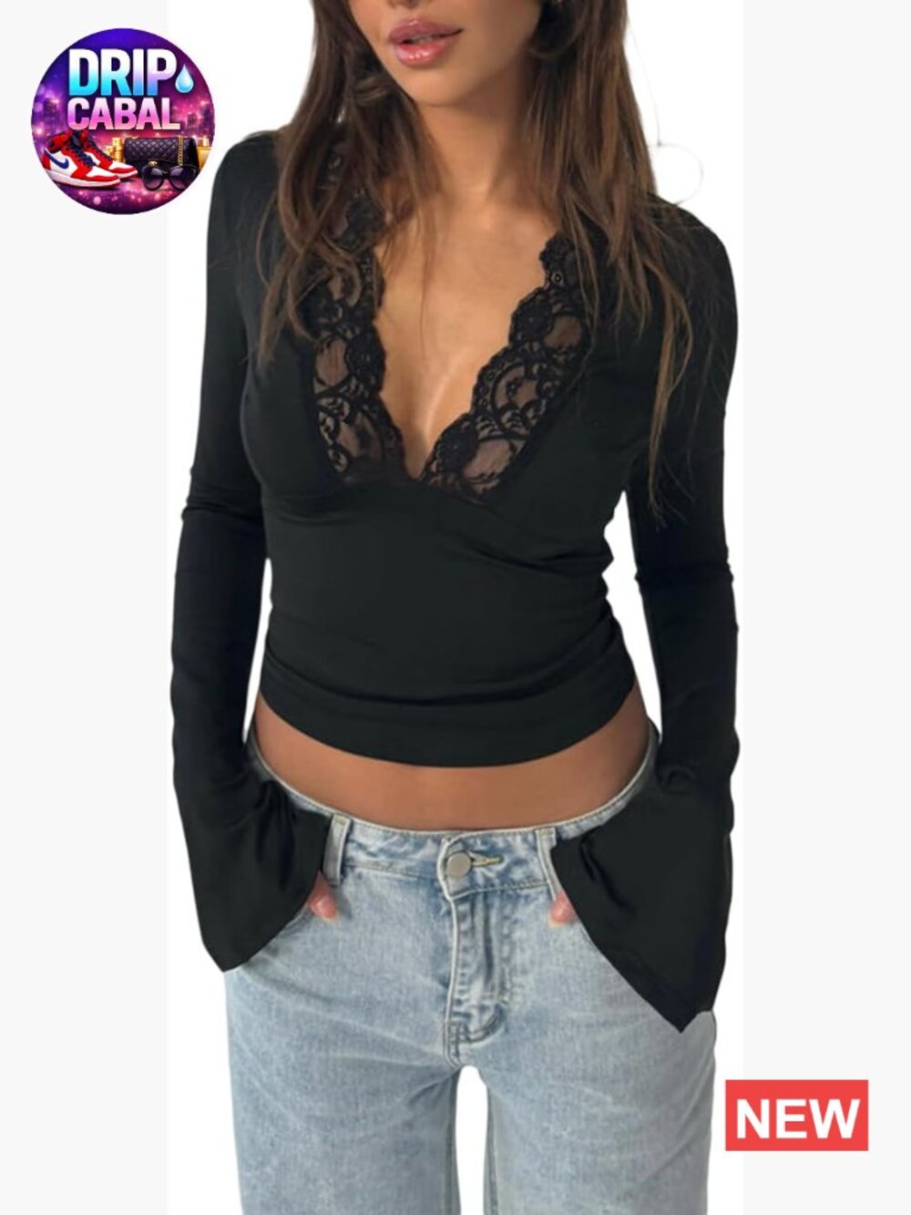 Women's Sexy Low Cut Long Sleeve Top Lace Trim V Neck Y2K Crop Tee Bodycon